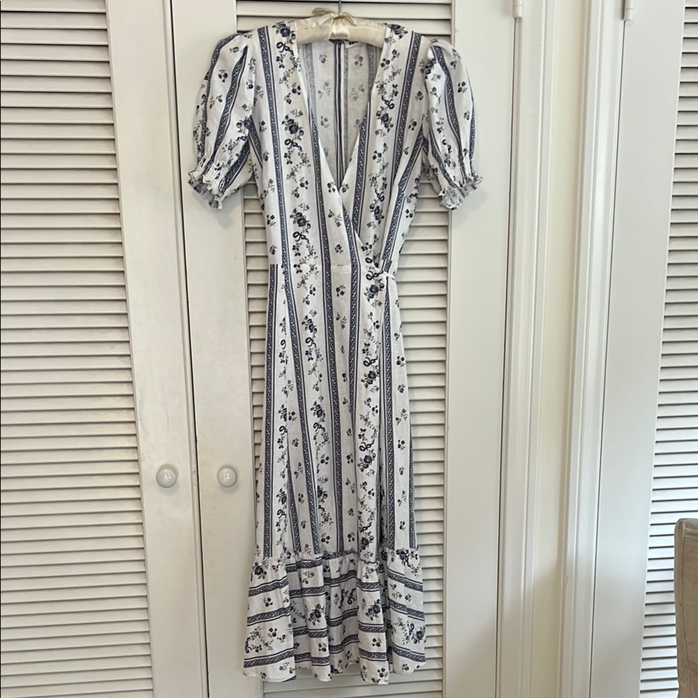 Reformation Floral Linen Wrap Maxi Dress - White and Blue